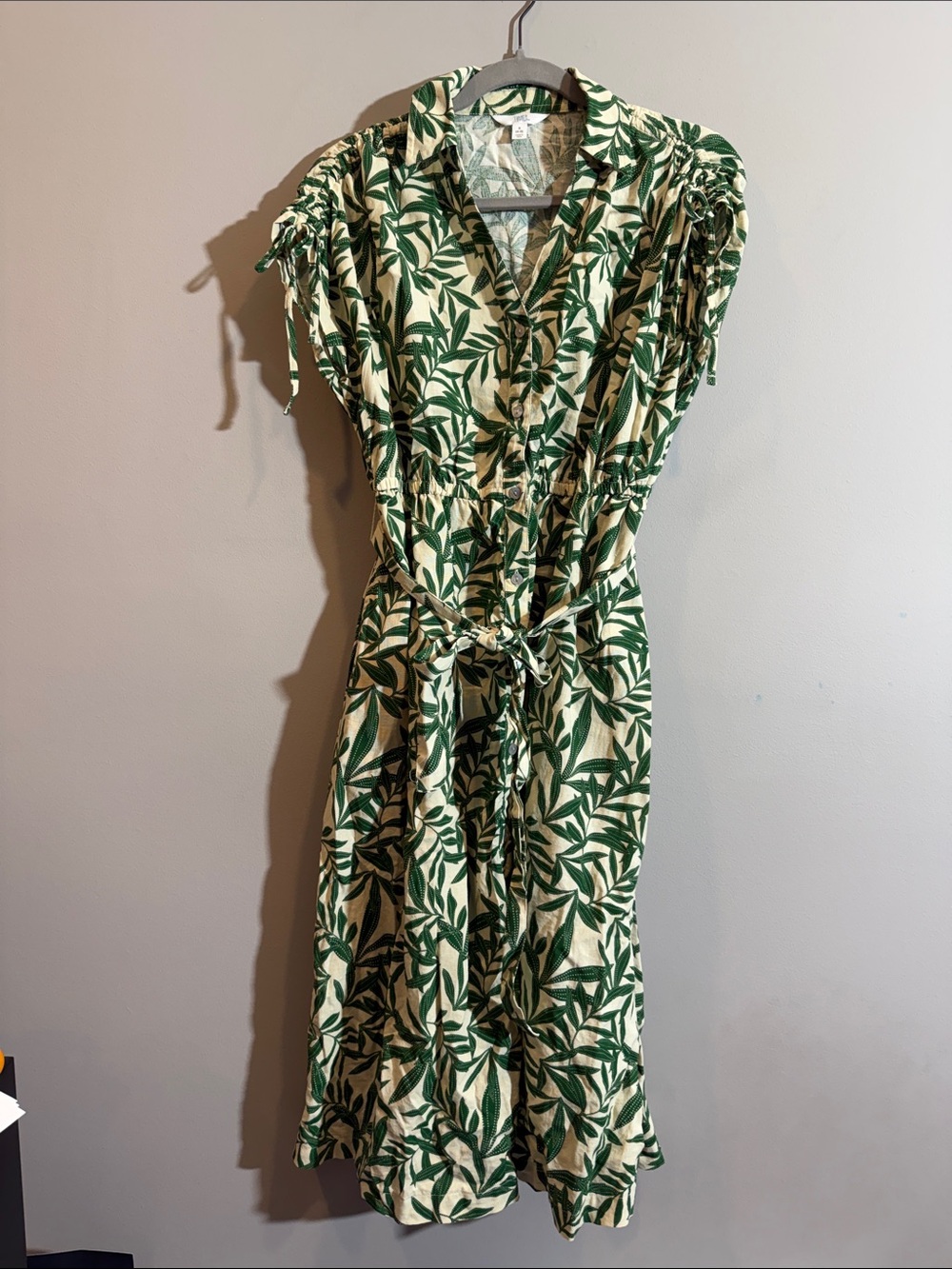Green Leaf-Print Midi Shirt Dress